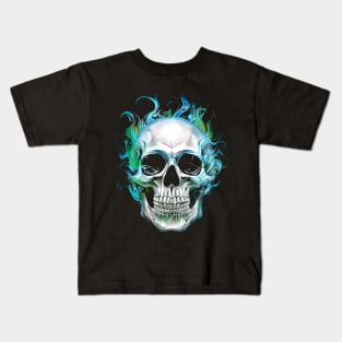 Skull in blue green flame Kids T-Shirt